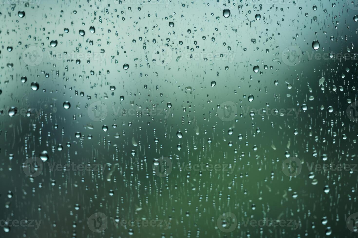 Shiny raindrops splashes falling cascading down wet glossy foggy glass window car outdoor during rainy stormy day backdrop. Close-up processes motion of beautiful clear fresh water photo