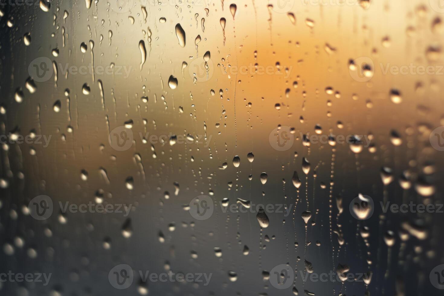 Shiny raindrops splashes falling cascading down wet glossy foggy glass window car outdoor during rainy stormy day backdrop. Close-up processes motion of beautiful clear fresh water photo