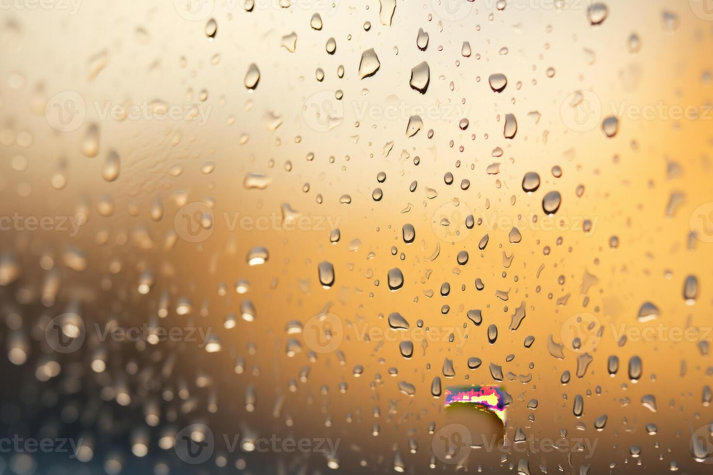 Shiny raindrops splashes falling cascading down wet glossy foggy glass window car outdoor during rainy stormy day backdrop. Close-up processes motion of beautiful clear fresh water photo