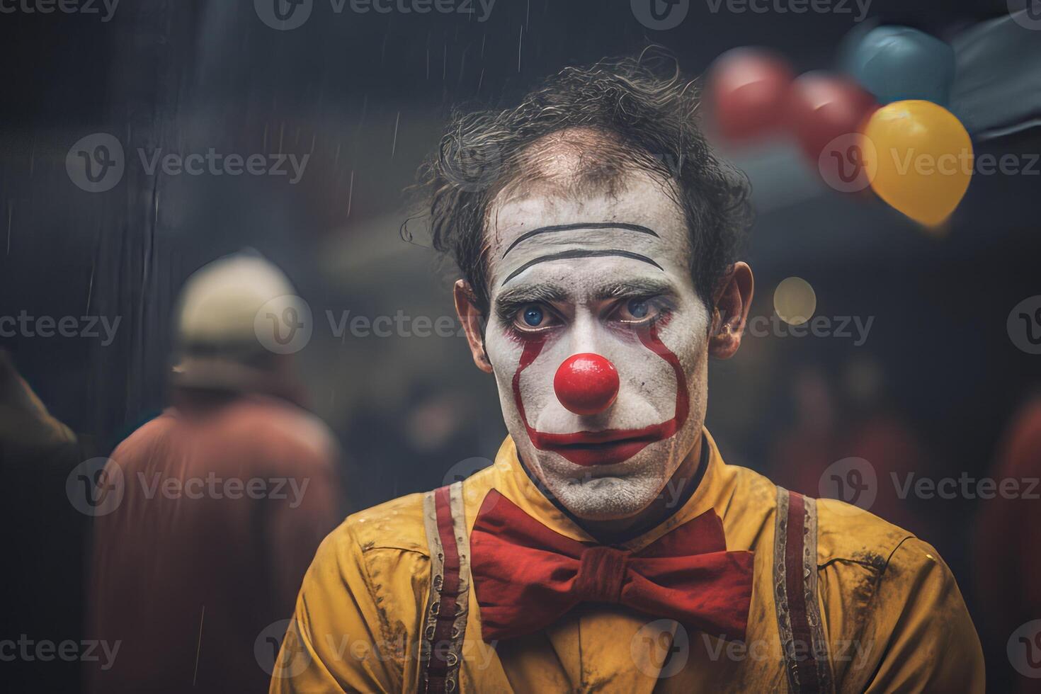 Sad clown exhausted circus jester joker emotions unhappy depressed performer. Carnival man sadness depression melancholic face expression make-up worried person costume dressed actor photo