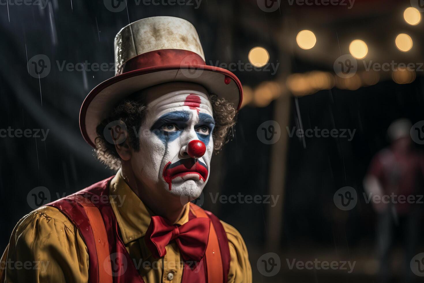 Sad clown exhausted circus jester joker emotions unhappy depressed performer. Carnival man sadness depression melancholic face expression make-up worried person costume dressed actor photo