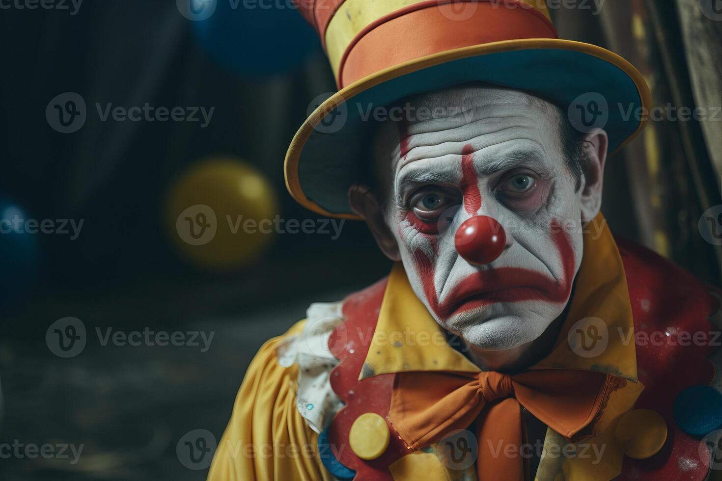 Sad clown exhausted circus jester joker emotions unhappy depressed performer. Carnival man sadness depression melancholic face expression make-up worried person costume dressed actor photo
