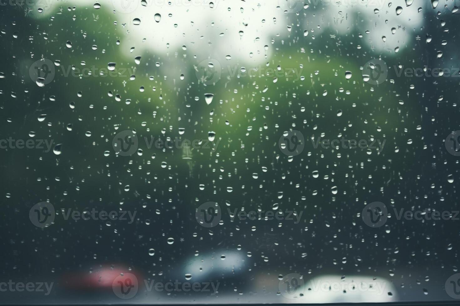 Shiny raindrops splashes falling cascading down wet glossy foggy glass window car outdoor during rainy stormy day backdrop. Close-up processes motion of beautiful clear fresh water photo