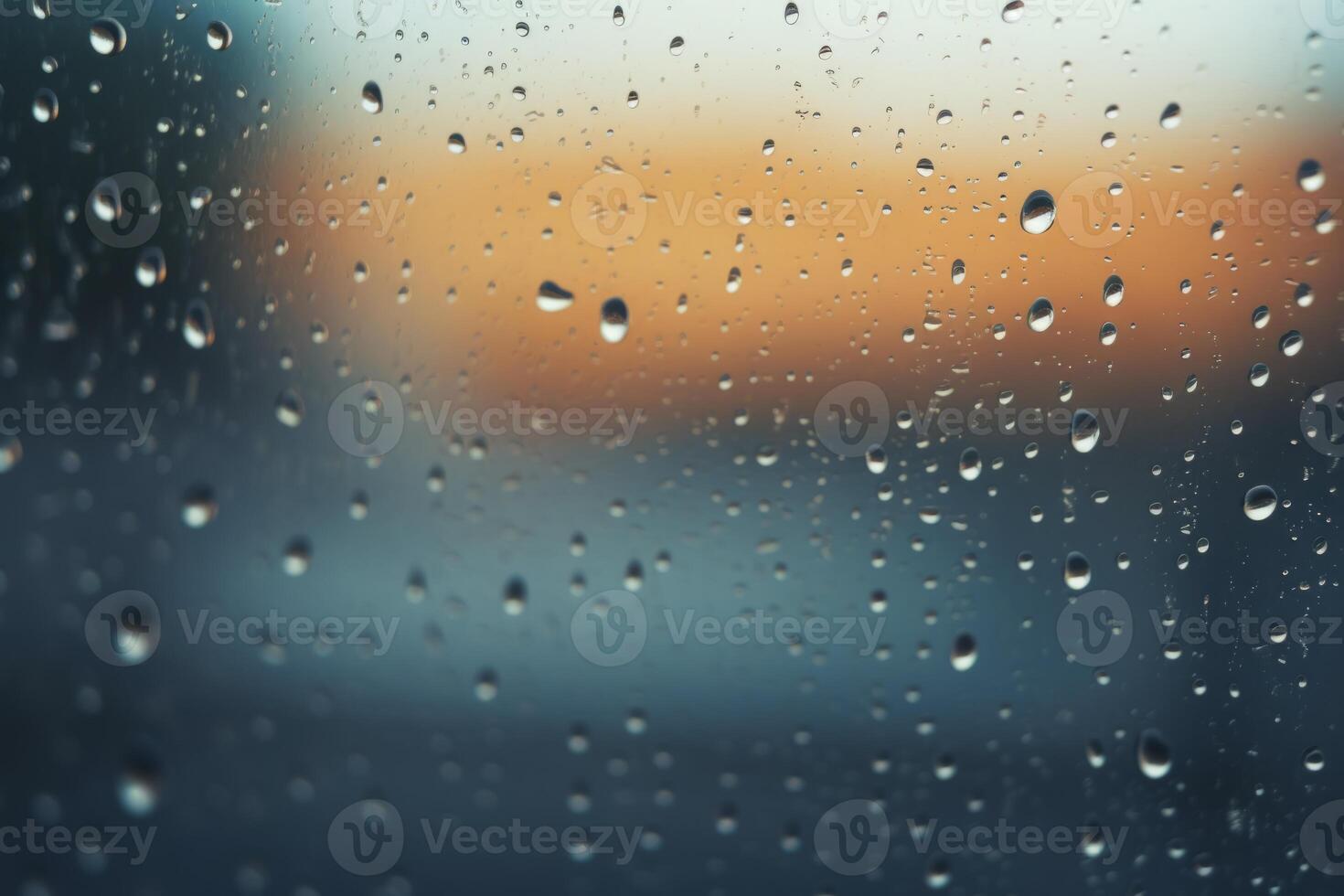 Shiny raindrops splashes falling cascading down wet glossy foggy glass window car outdoor during rainy stormy day backdrop. Close-up processes motion of beautiful clear fresh water photo
