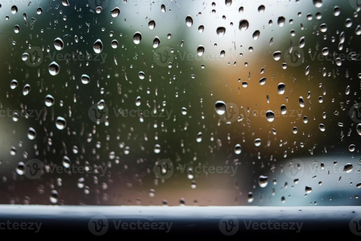 Shiny raindrops splashes falling cascading down wet glossy foggy glass window car outdoor during rainy stormy day backdrop. Close-up processes motion of beautiful clear fresh water photo