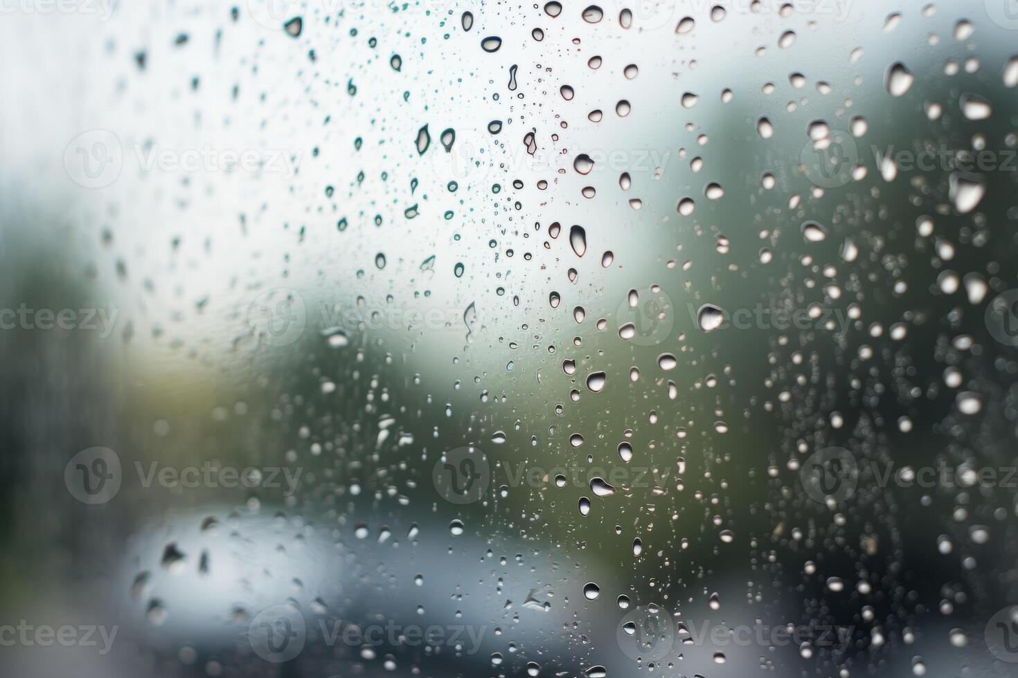 Shiny raindrops splashes falling cascading down wet glossy foggy glass window car outdoor during rainy stormy day backdrop. Close-up processes motion of beautiful clear fresh water photo