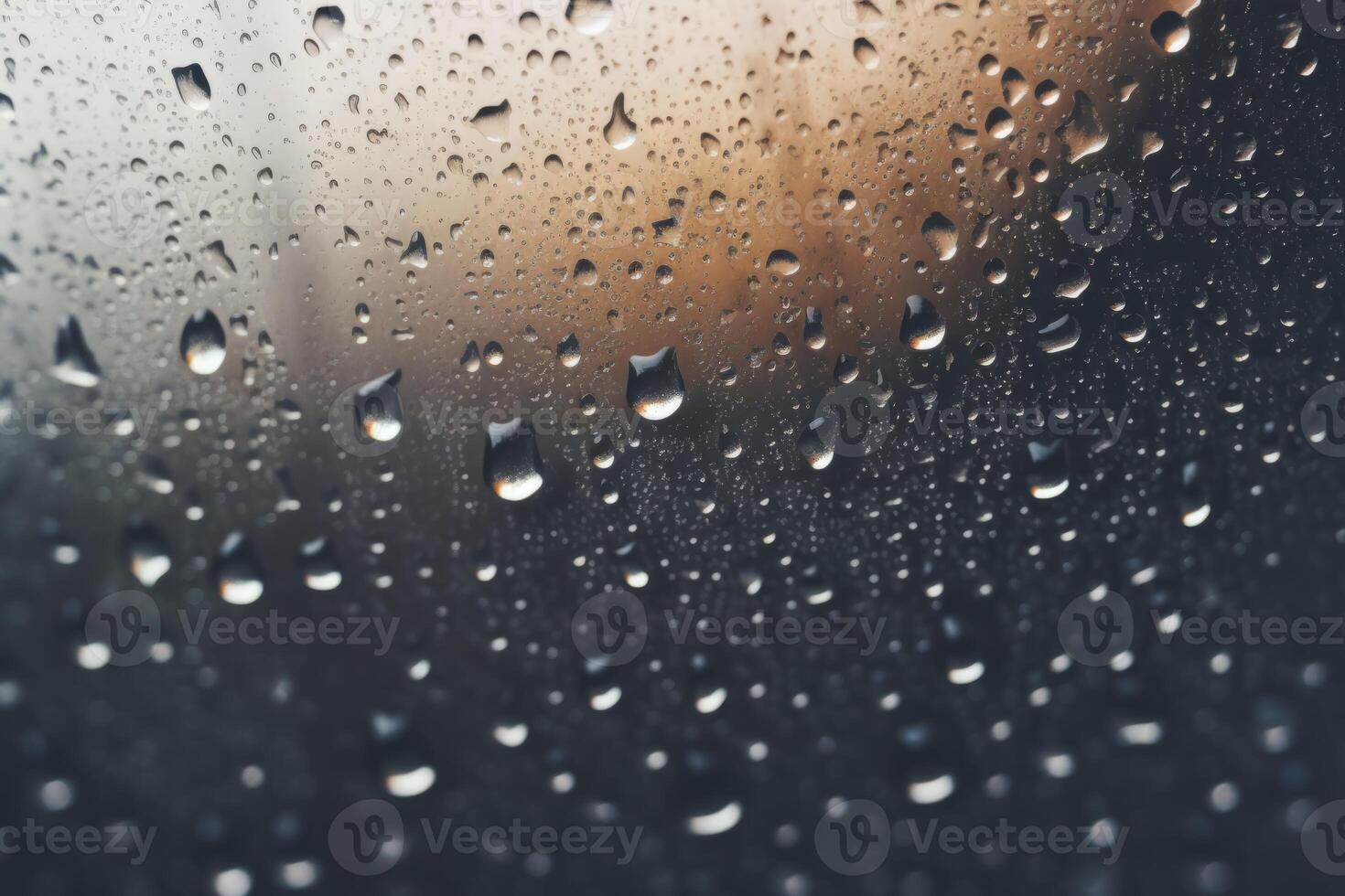 Shiny raindrops splashes falling cascading down wet glossy foggy glass window car outdoor during rainy stormy day backdrop. Close-up processes motion of beautiful clear fresh water photo