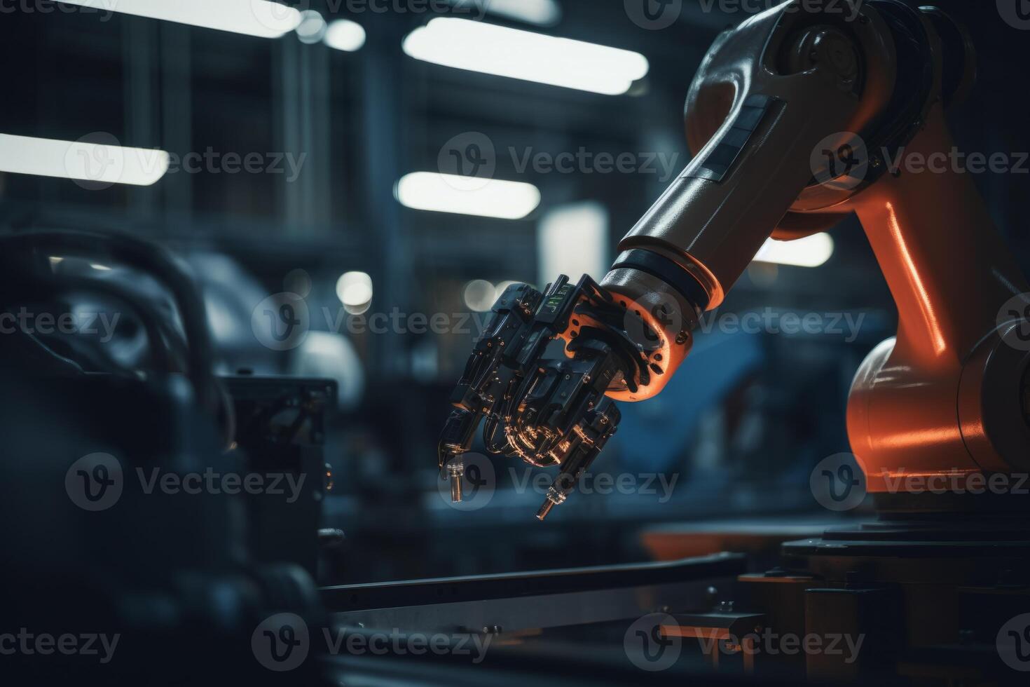 Precise robotic manipulator machine welding hand at factory's assembly line manufacturing process. Innovative advanced technologies robot arm helping people increase production factory photo