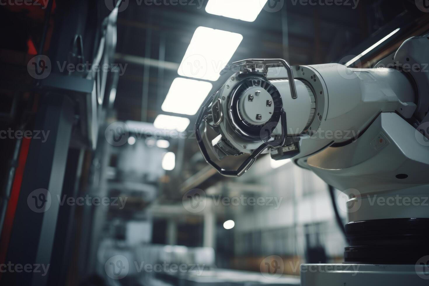 Precise robotic manipulator machine welding hand at factory's assembly line manufacturing process. Innovative advanced technologies robot arm helping people increase production factory photo