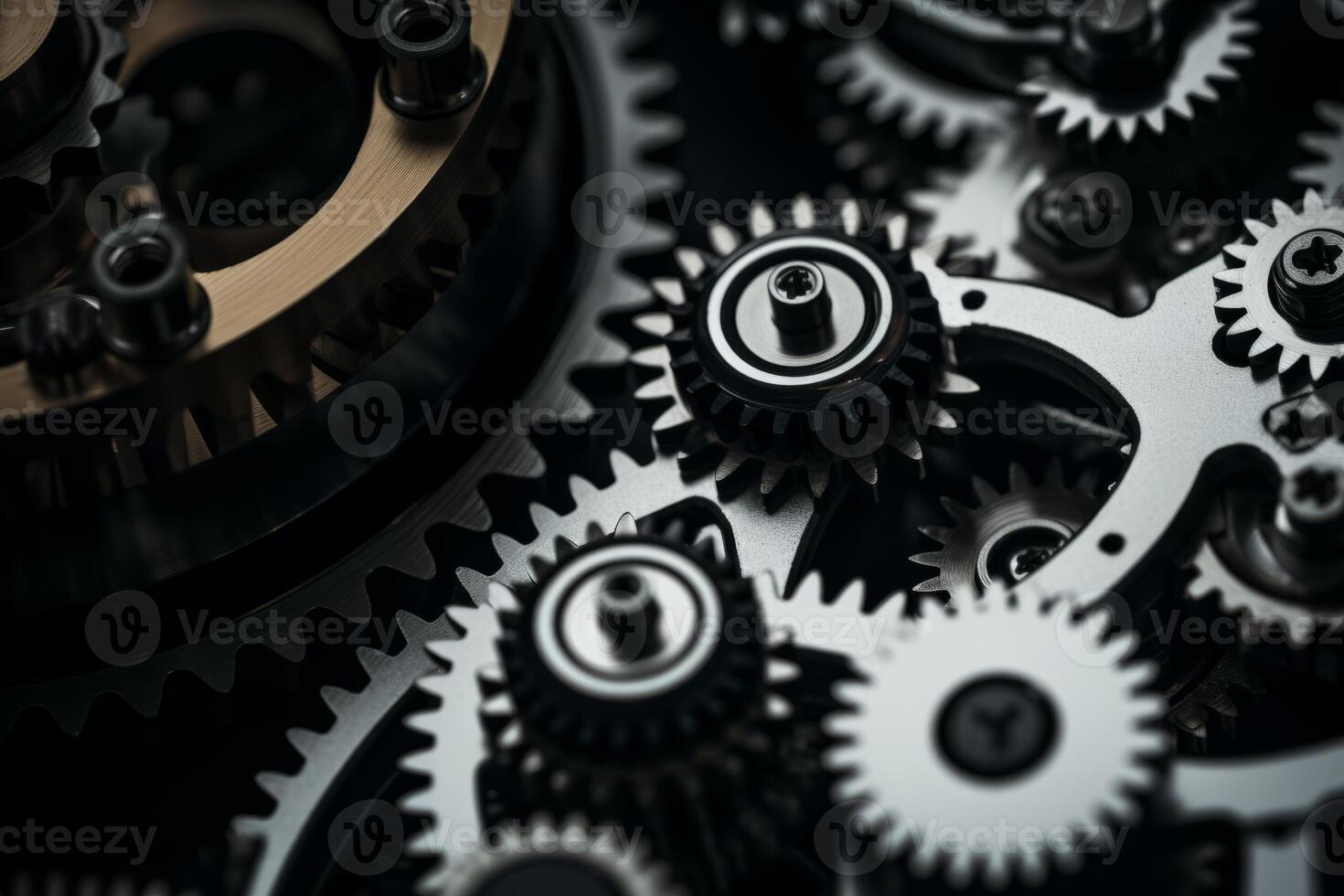 Reliable industrial mechanical gears macro cogs inside clock in motion in structured well-organized connected watch mechanism meshing parts together in precise manner and thoughtfully photo