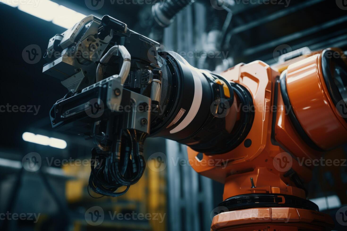 Precise robotic manipulator machine welding hand at factory's assembly line manufacturing process. Innovative advanced technologies robot arm helping people increase production factory photo