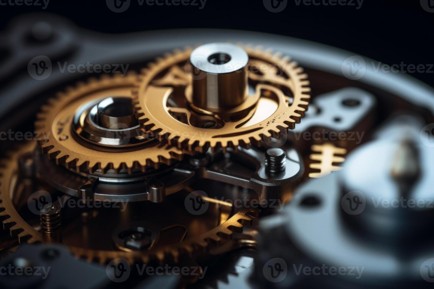 Reliable industrial mechanical gears macro cogs inside clock in motion in structured well-organized connected watch mechanism meshing parts together in precise manner and thoughtfully photo