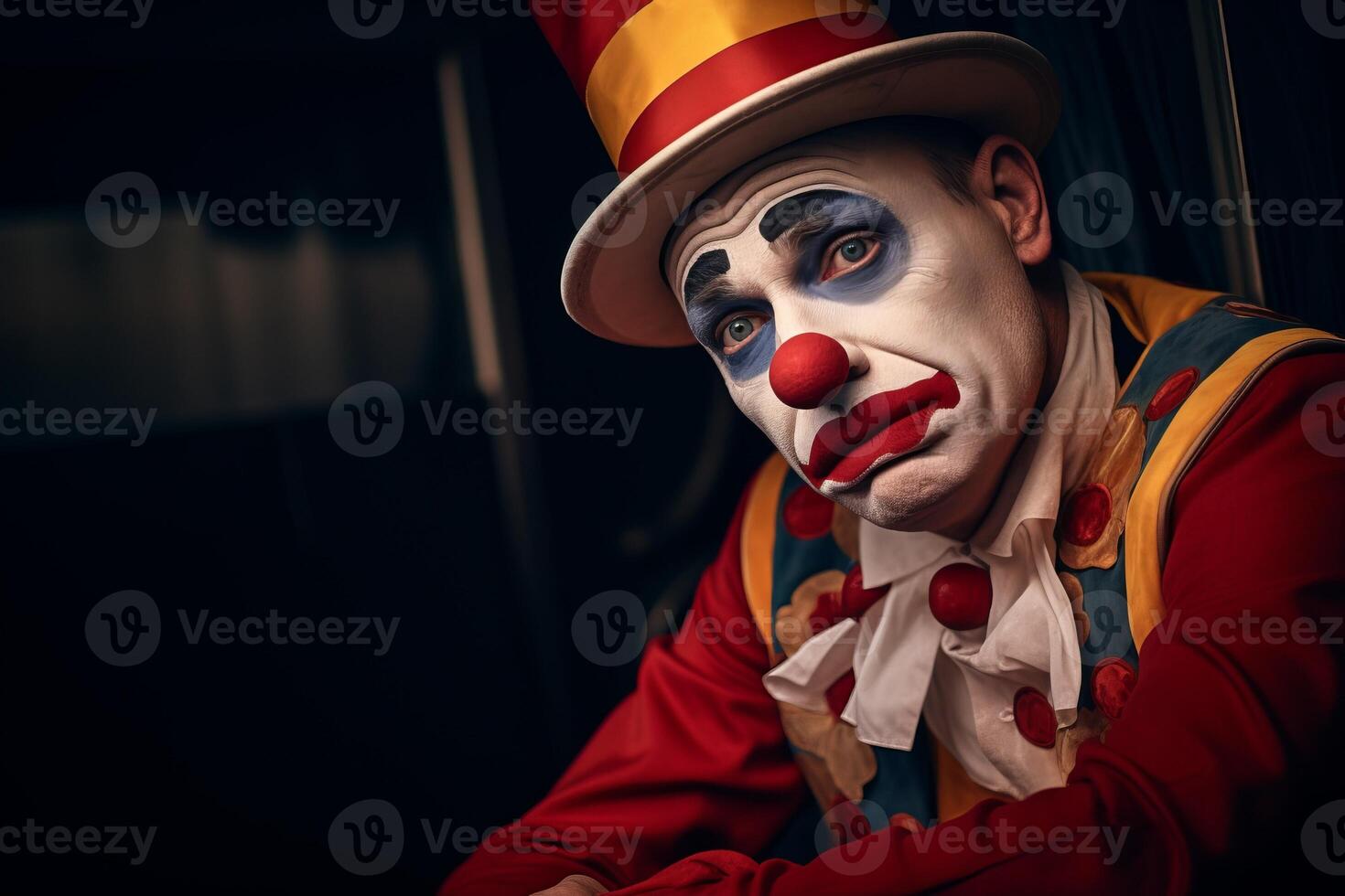 Sad clown exhausted circus jester joker emotions unhappy depressed performer. Carnival man sadness depression melancholic face expression make-up worried person costume dressed actor photo