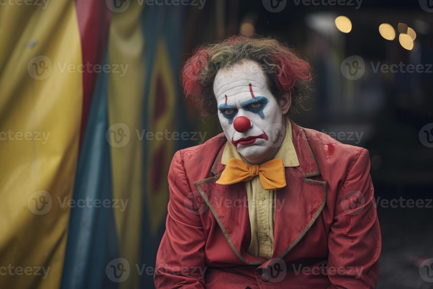 Sad clown exhausted circus jester joker emotions unhappy depressed performer. Carnival man sadness depression melancholic face expression make-up worried person costume dressed actor photo