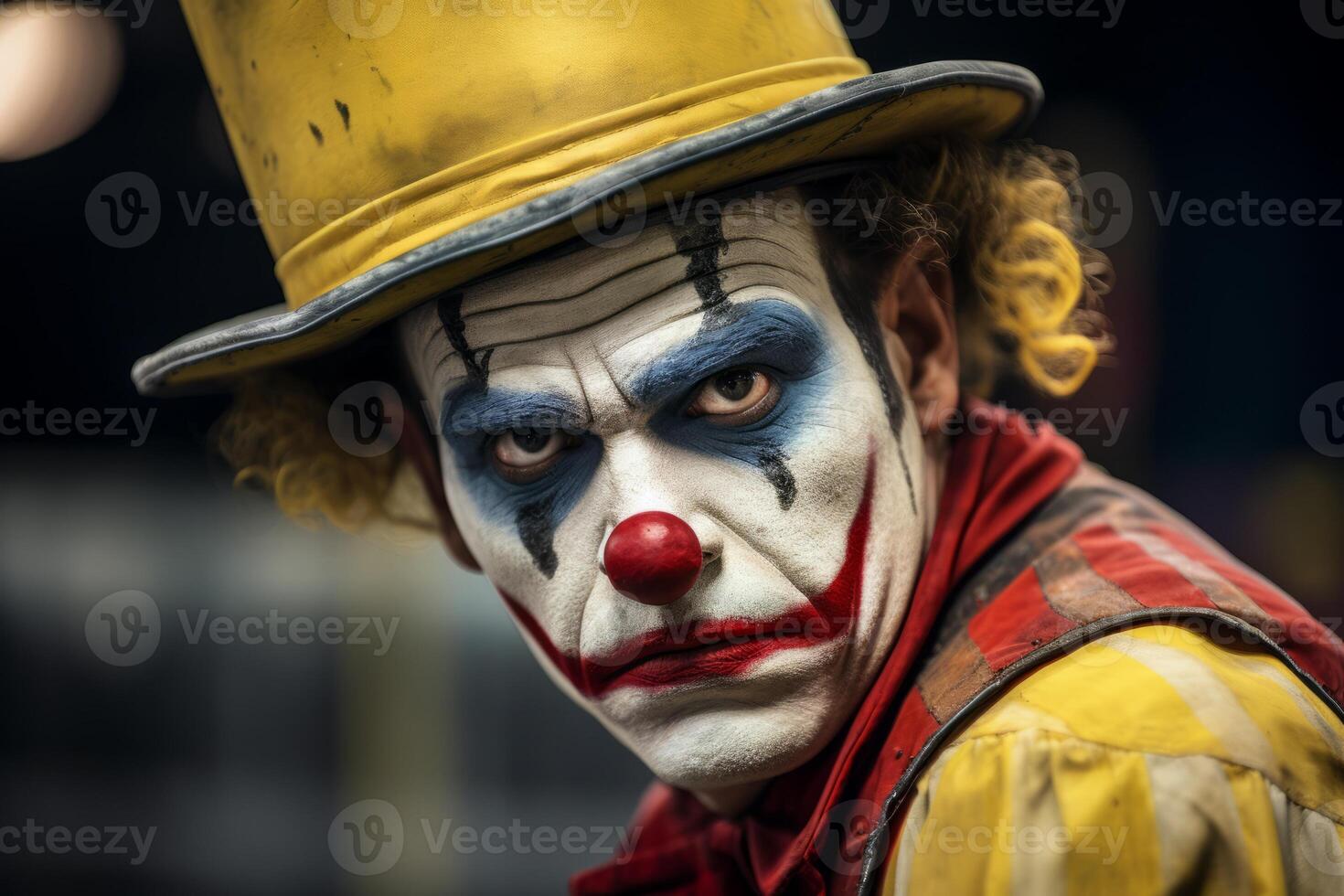 Sad clown exhausted circus jester joker emotions unhappy depressed performer. Carnival man sadness depression melancholic face expression make-up worried person costume dressed actor photo