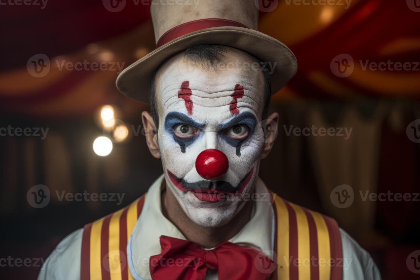 Scary creepy smiling clown circus jester joker villain carnival murderer horror halloween adult man evil expression make-up bizarre dark actor spooky monster face sinister staring photo
