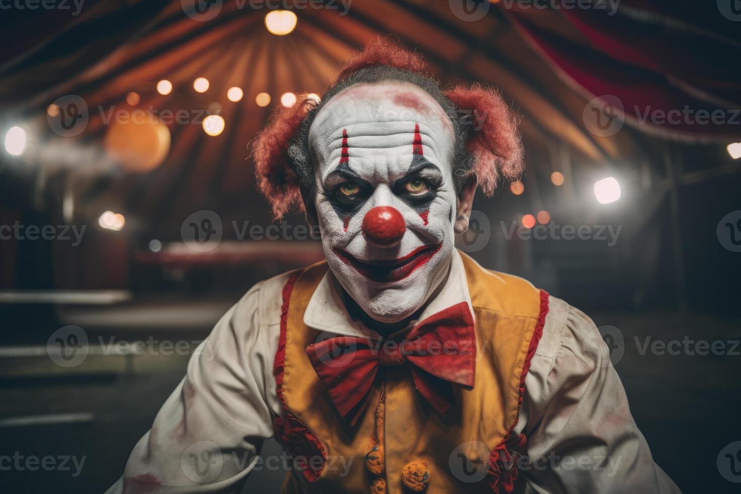 Scary creepy smiling clown circus jester joker villain carnival murderer horror halloween adult man evil expression make-up bizarre dark actor spooky monster face sinister dressed staring photo