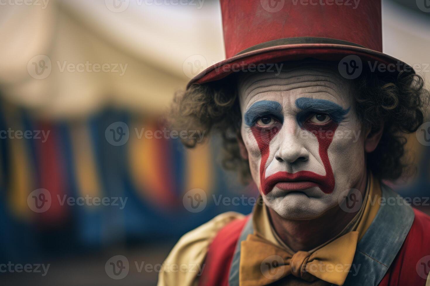 Sad clown exhausted circus jester joker emotions unhappy depressed performer. Carnival man sadness depression melancholic face expression make-up worried person costume dressed actor photo