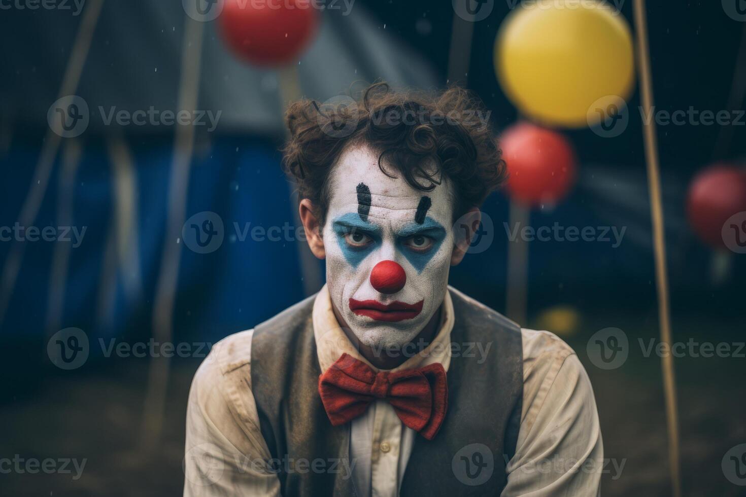 Scary creepy smiling clown circus jester joker villain carnival murderer horror halloween adult man evil expression make-up bizarre dark actor spooky monster face sinister staring photo