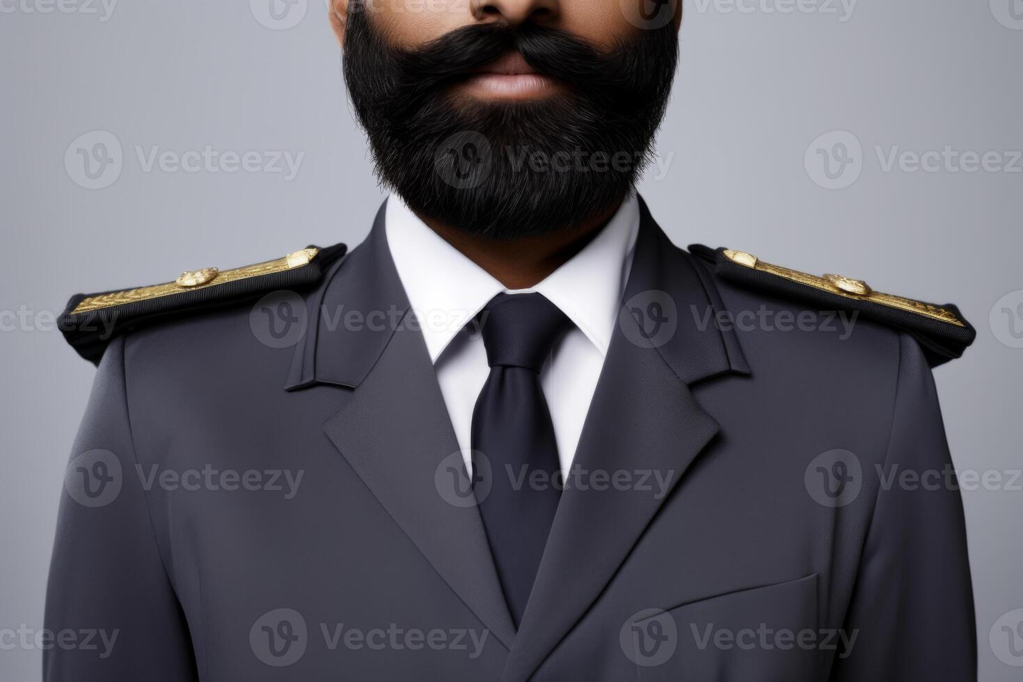 Close up unrecognizable serious African American mature bearded male man guy marine sailor elegant suit uniform plain gray background. Captain cruise ship pilot navigation safe photo