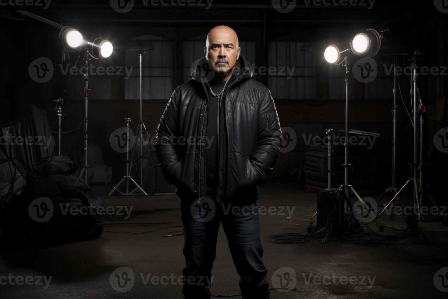 Confident mature director filmmaker businessman guy looking camera model. Male photographer shooting studio photo taking pictures softboxes professional photographic equipment movie