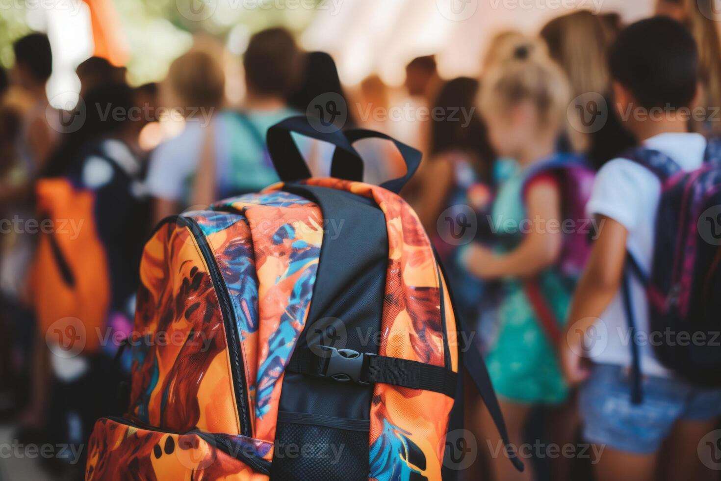 First day elementary school group little kids schoolchildren pupils student together going college class lesson study learn backpacks blurred background. Academic semester year start photo