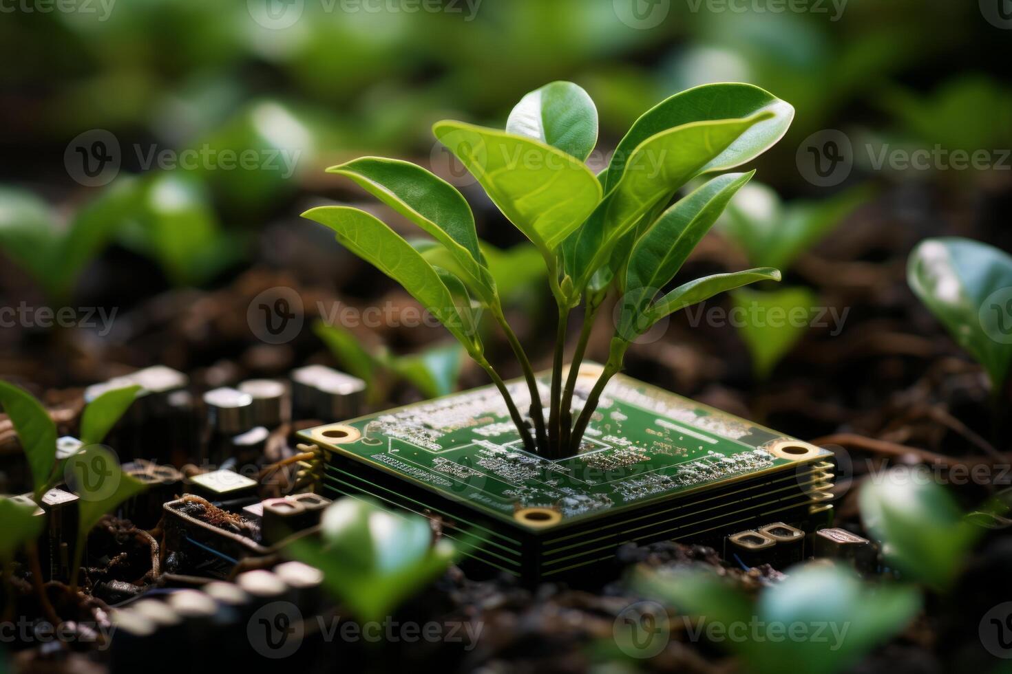 Plant growing from processor grow nature computer hardware ecology sustainable eco-friendly technology tech modern computer chip green leaves natural beauty leaf tree oxygen microchip photo