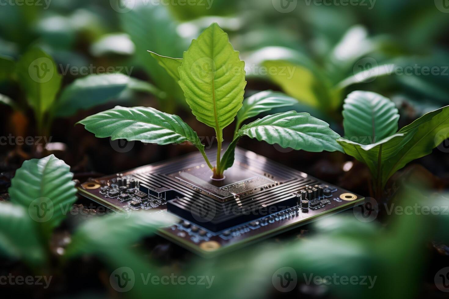 Plant growing from processor grow nature computer hardware ecology sustainable eco-friendly technology tech modern computer chip green leaves natural beauty leaf tree oxygen microchip photo