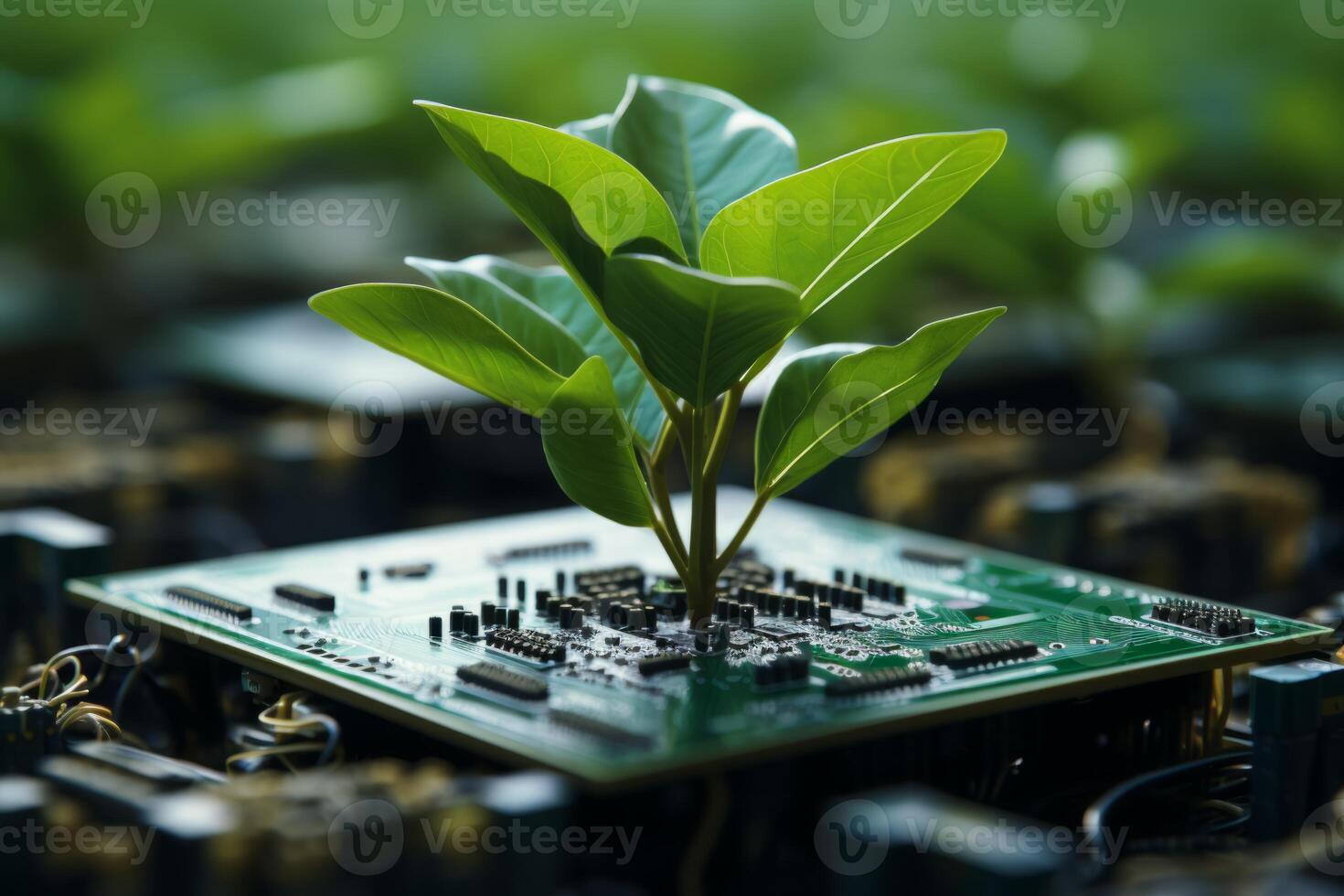 Plant growing from processor grow nature computer hardware ecology sustainable eco-friendly technology tech modern computer chip green leaves natural beauty leaf tree oxygen microchip photo