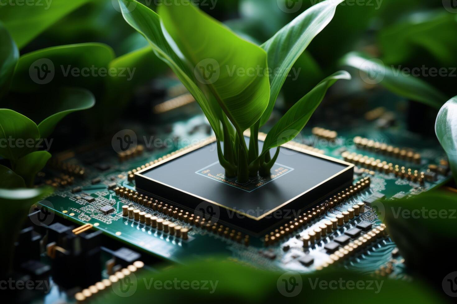 Plant growing from processor grow nature computer hardware ecology sustainable eco-friendly technology tech modern computer chip green leaves natural beauty leaf tree oxygen microchip photo