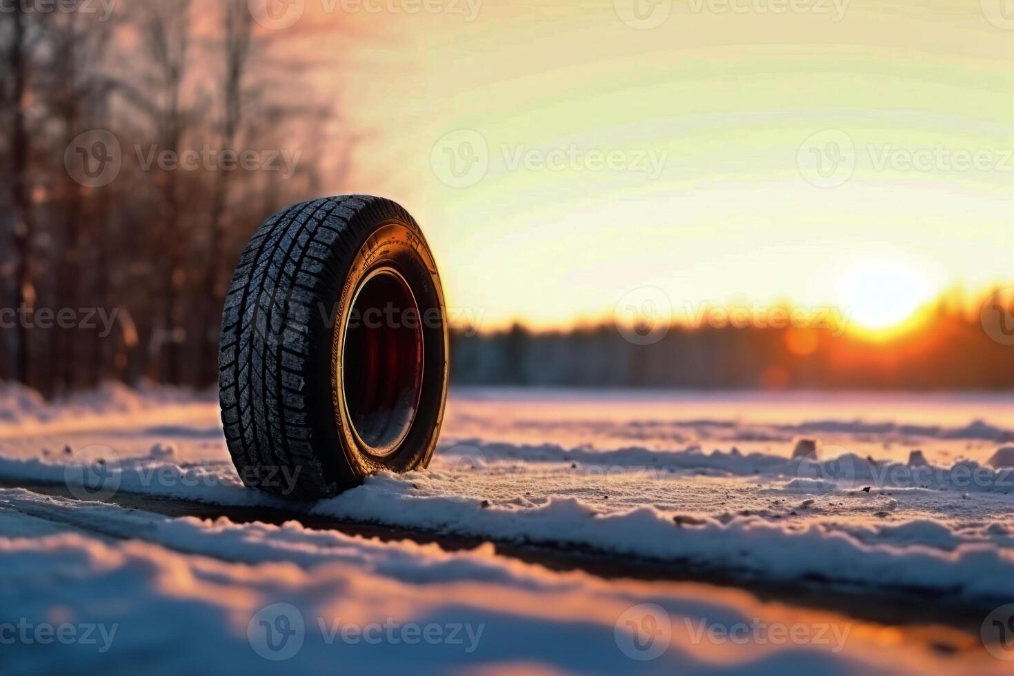 Winter tire covered in snow snowy road ice icy car wheel drive safety safe driving transportation condition change vehicle auto slippery danger frost protection climate dangerous offroad photo