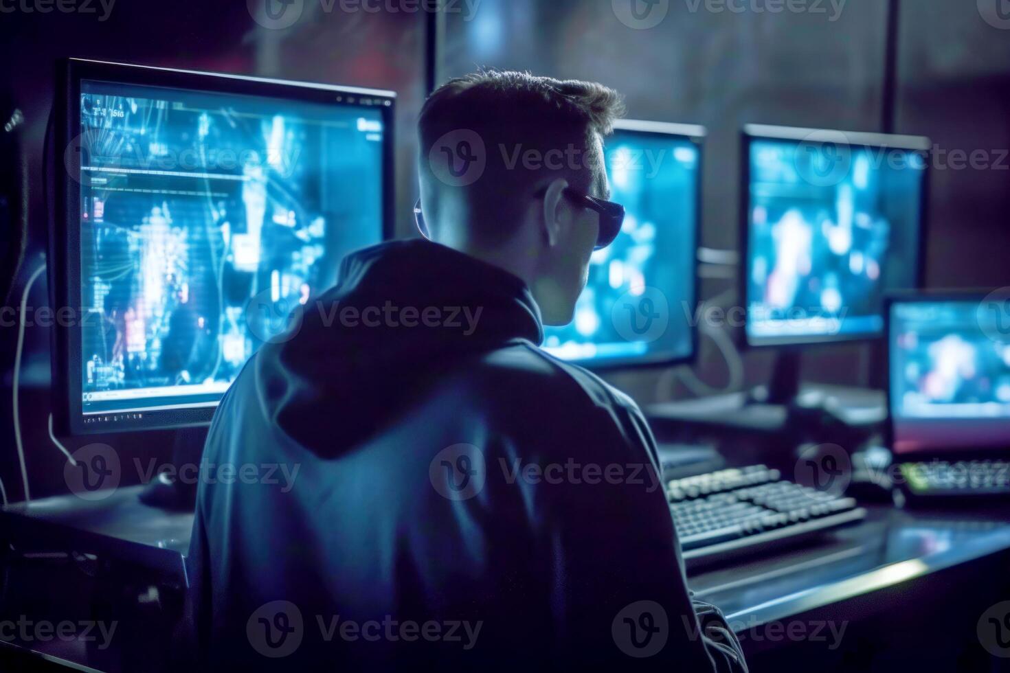 Hacker back view computer cyberspace security criminal technology burglar coding internet fraud danger virtual virus information password safety web network software privacy spyware photo