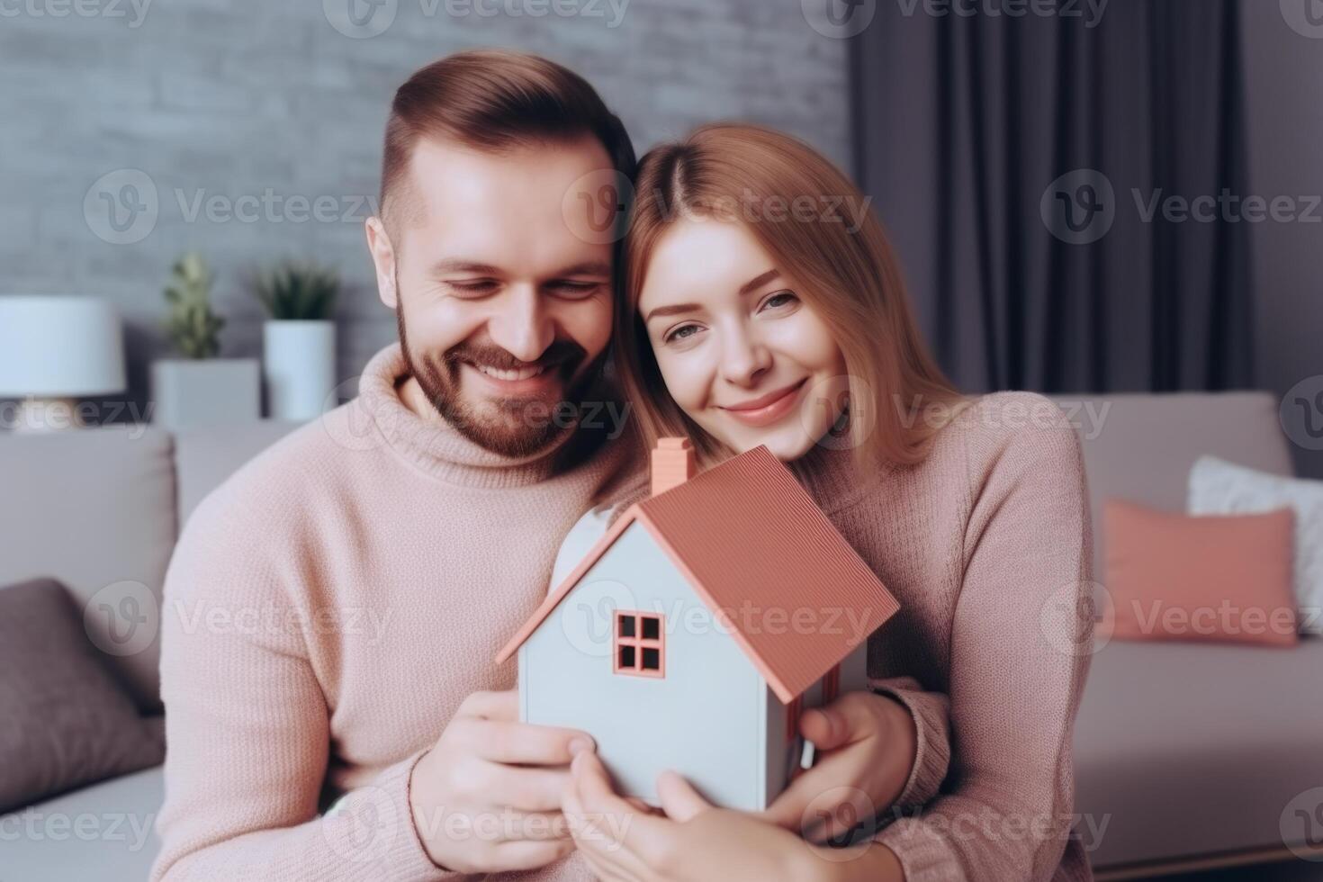 Couple buying house concept holding mockup home investment loan mortgage payment apartment rent buy property owner ownership sale family wife and husband parents life savings real estate photo