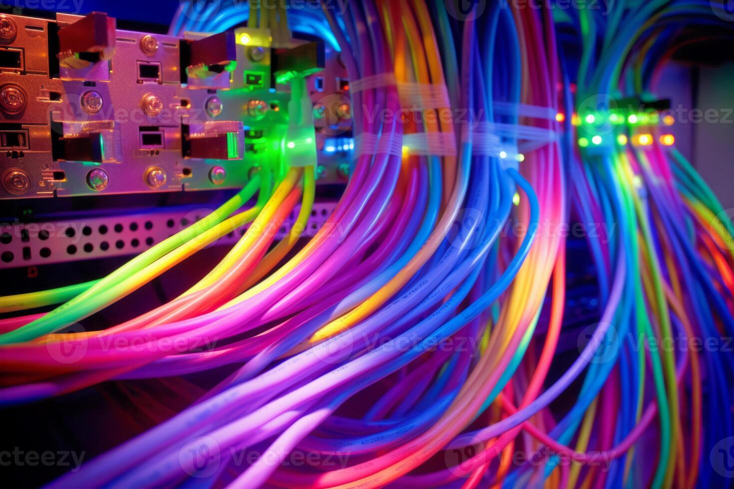 Colorful optic fiber electrical cables wires neon waves lines abstract 3d ai design background pattern glow colored streams information optical connection internet web multicolor data led photo