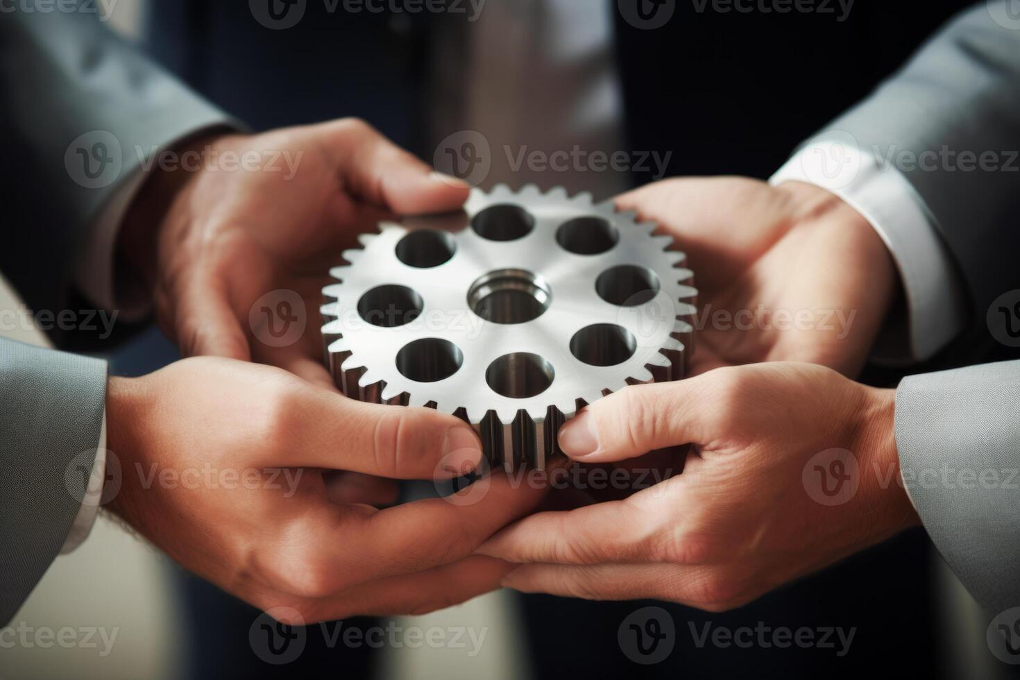 Man holding gear in hands. Teamwork metallic silver equipment industrial progress engineering machine mechanical cog wheel technology steel power transmission motion circle construction photo