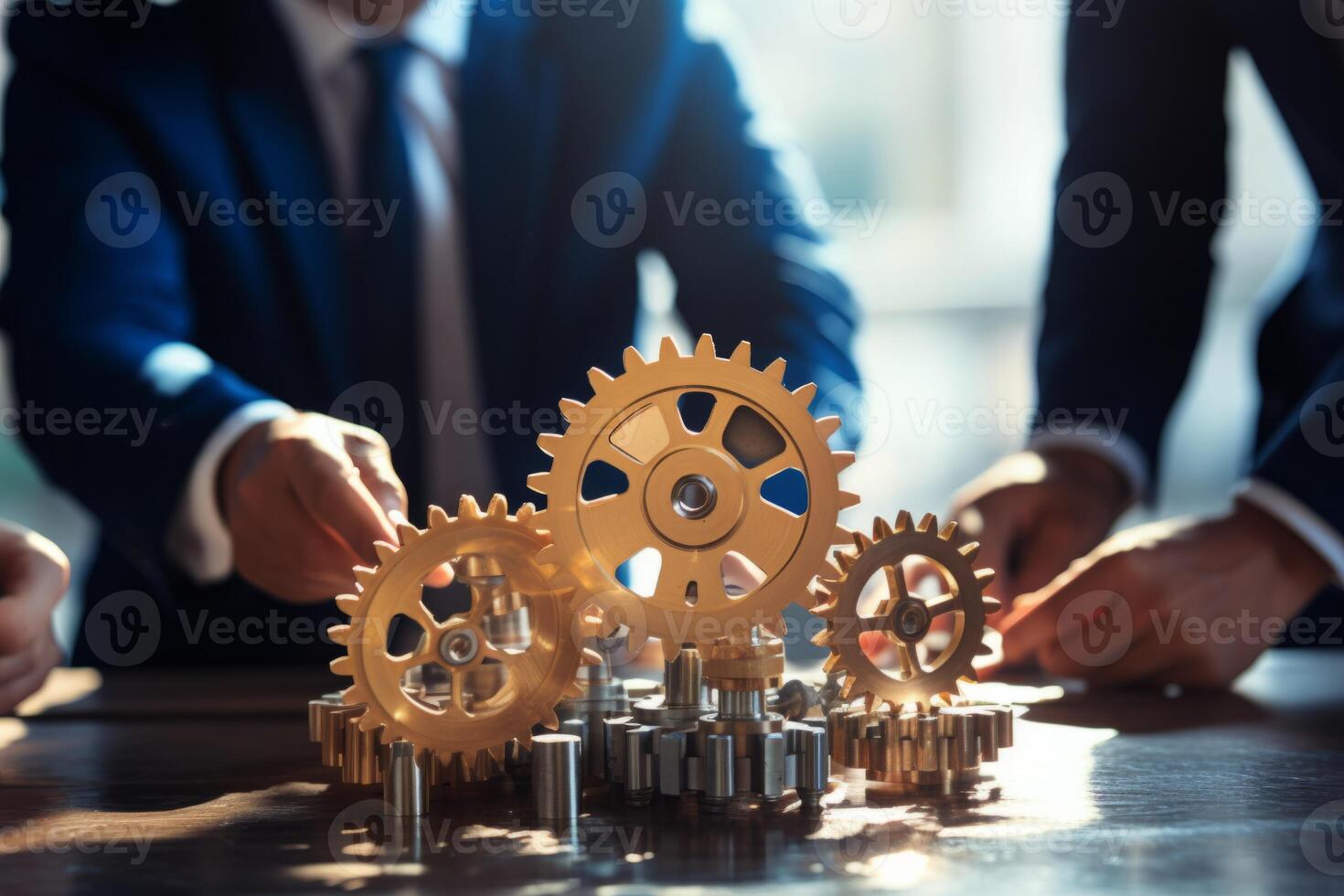 Man holding gear in hands. Teamwork metallic silver equipment industrial progress engineering machine mechanical cog wheel technology steel power transmission motion circle construction photo