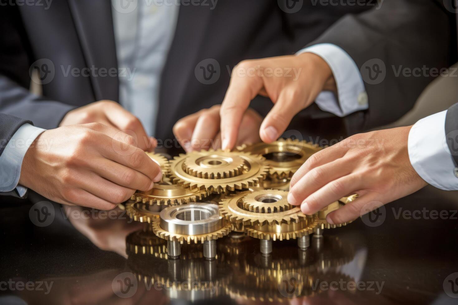Man holding gear in hands. Teamwork metallic silver equipment industrial progress engineering machine mechanical cog wheel technology steel power transmission motion circle construction photo