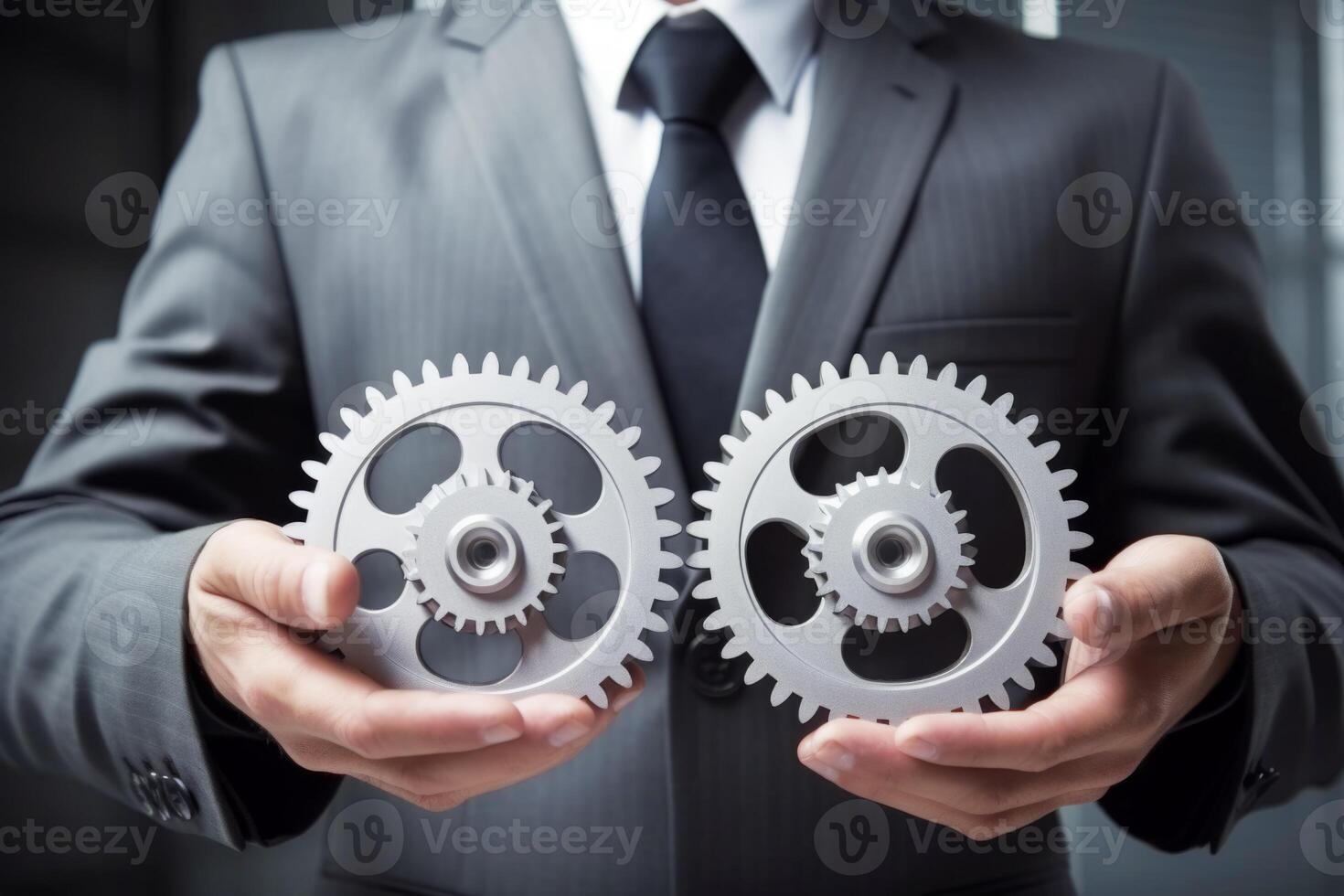 Man holding gear in hands. Teamwork metallic silver equipment industrial progress engineering machine mechanical cog wheel technology steel power transmission motion circle construction photo
