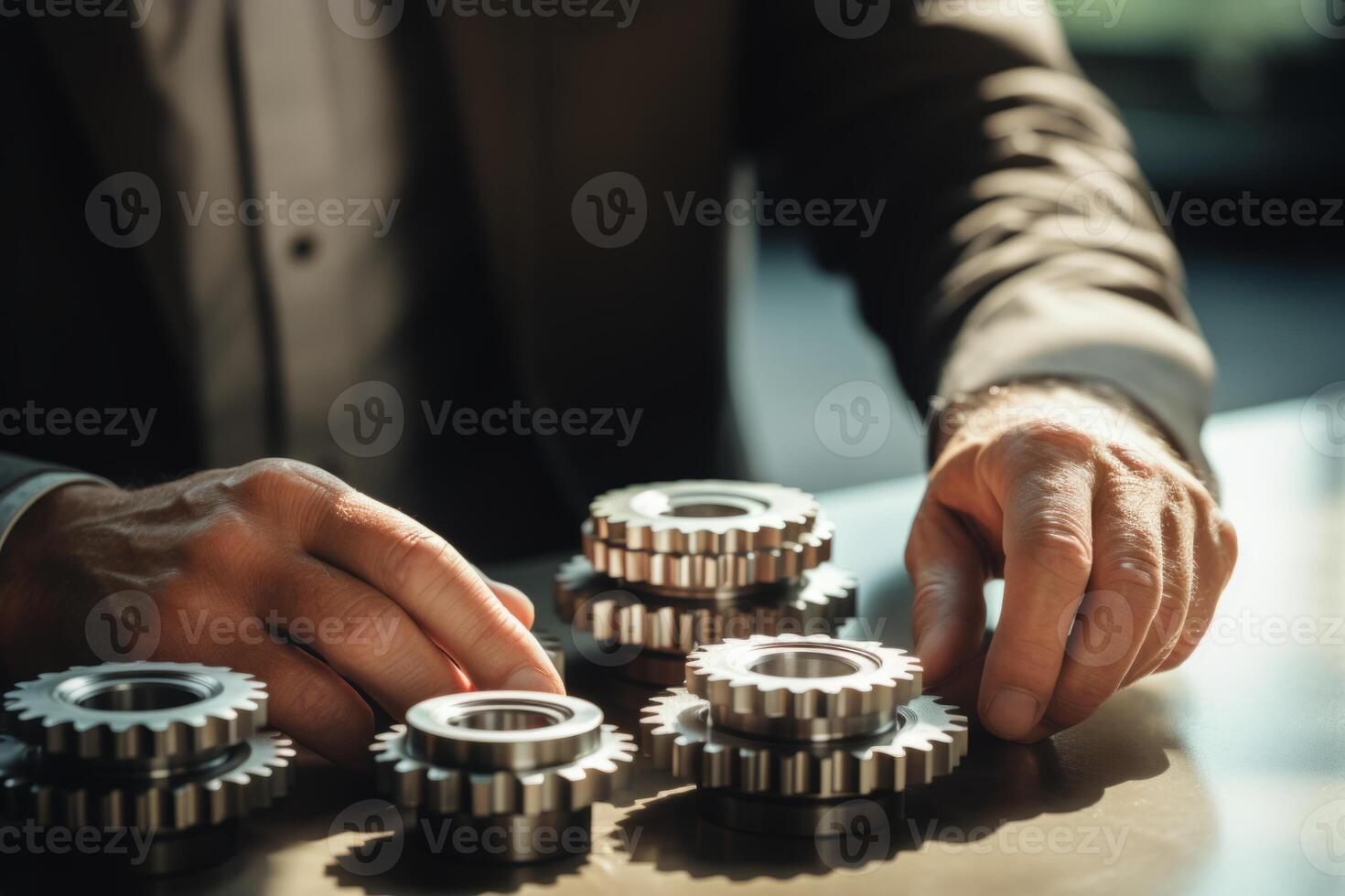 Man holding gear in hands. Teamwork metallic silver equipment industrial progress engineering machine mechanical cog wheel technology steel power transmission motion circle construction photo
