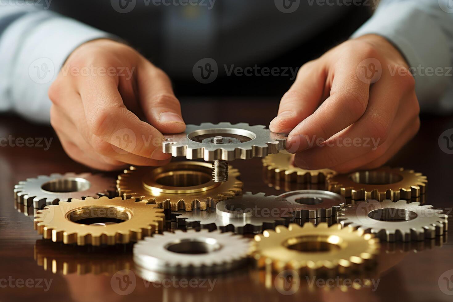 Man holding gear in hands. Teamwork metallic silver equipment industrial progress engineering machine mechanical cog wheel technology steel power transmission motion circle construction photo