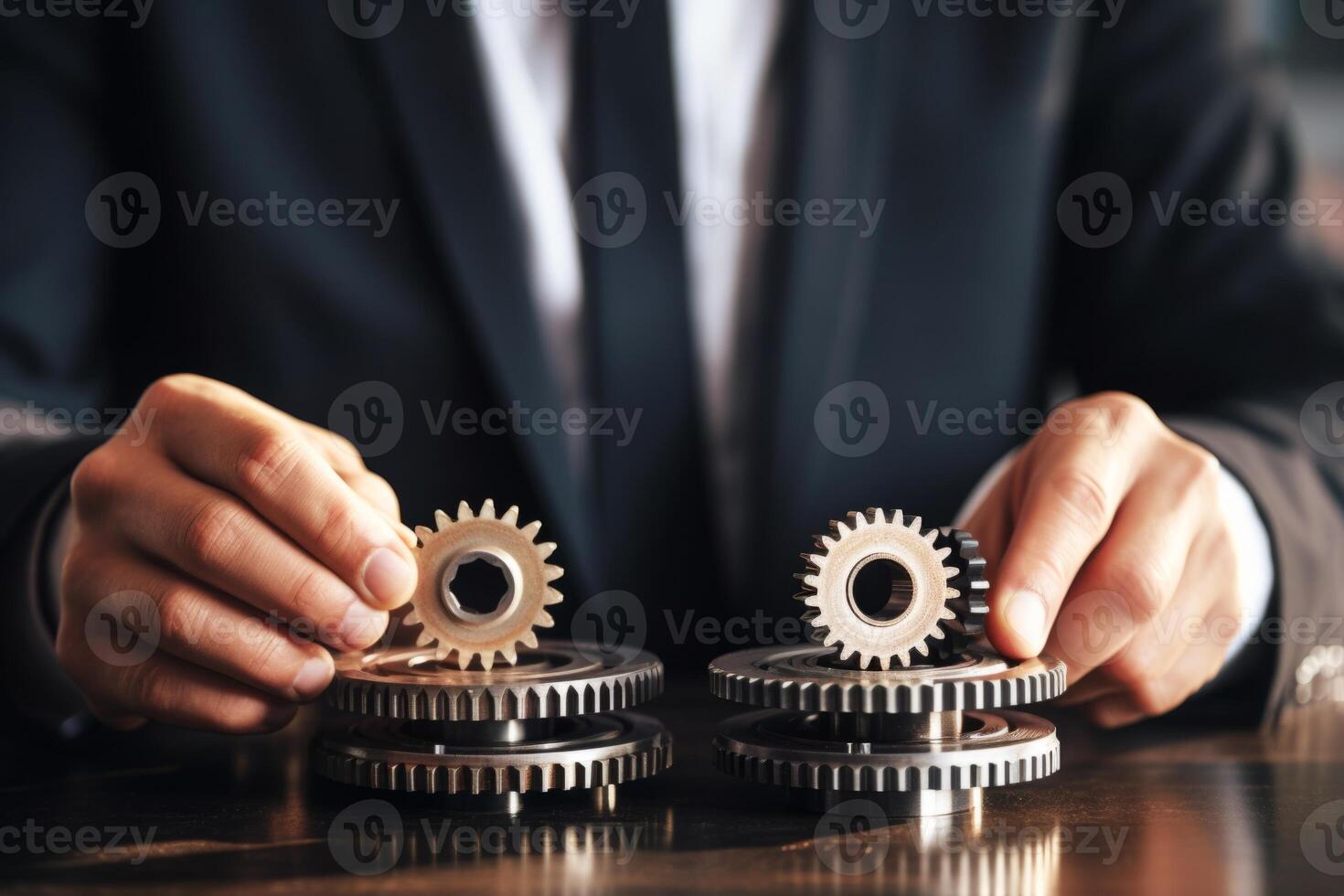 Man holding gear in hands. Teamwork metallic silver equipment industrial progress engineering machine mechanical cog wheel technology steel power transmission motion circle construction photo