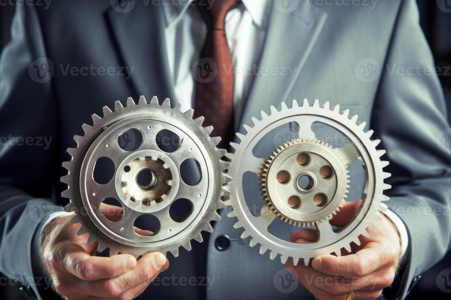 Man holding gear in hands. Teamwork metallic silver equipment industrial progress engineering machine mechanical cog wheel technology steel power transmission motion circle construction photo