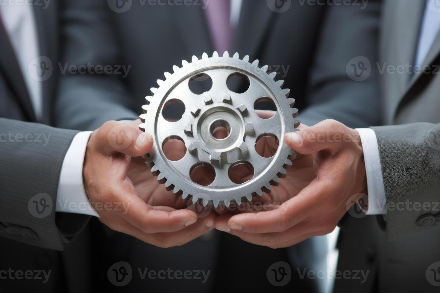 Man holding gear in hands. Teamwork metallic silver equipment industrial progress engineering machine mechanical cog wheel technology steel power transmission motion circle construction photo