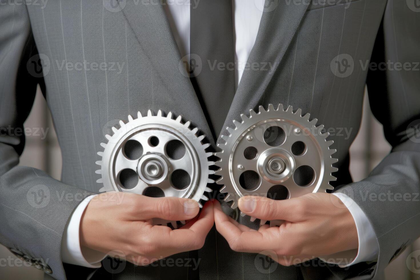 Man holding gear in hands. Teamwork metallic silver equipment industrial progress engineering machine mechanical cog wheel technology steel power transmission motion circle construction photo