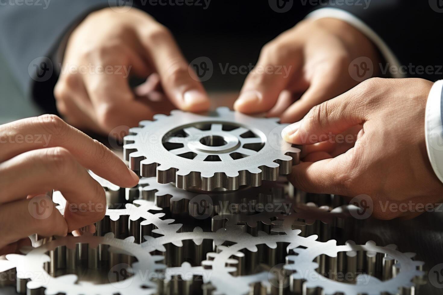 Man holding gear in hands. Teamwork metallic silver equipment industrial progress engineering machine mechanical cog wheel technology steel power transmission motion circle construction photo