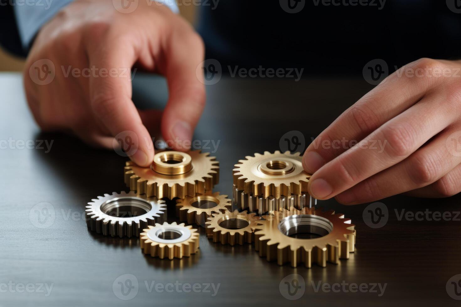 Man holding gear in hands. Teamwork metallic silver equipment industrial progress engineering machine mechanical cog wheel technology steel power transmission motion circle construction photo