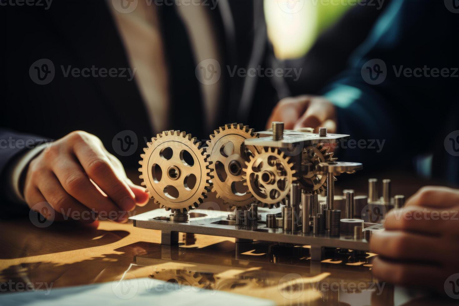 Man holding gear in hands. Teamwork metallic silver equipment industrial progress engineering machine mechanical cog wheel technology steel power transmission motion circle construction photo