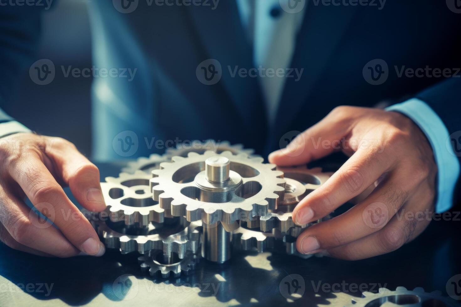 Man holding gear in hands. Teamwork metallic silver equipment industrial progress engineering machine mechanical cog wheel technology steel power transmission motion circle construction photo