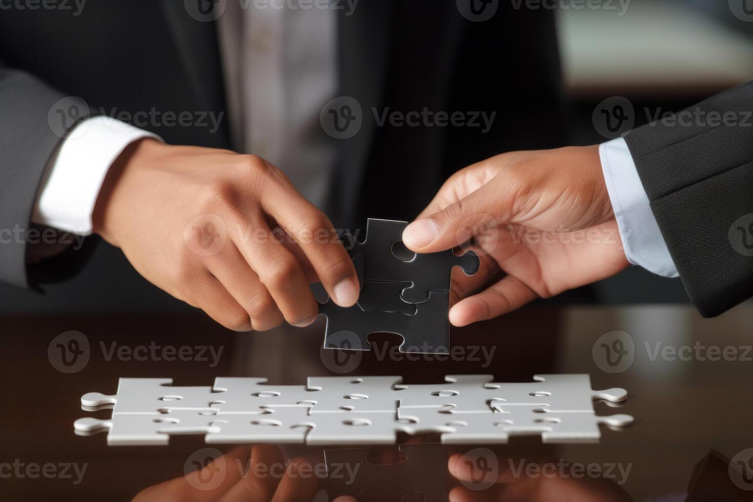 Group people putting puzzles together. Hands teamwork thinking partnership business meeting jigsaw strategy cooperation brainstorm company unity success piece join game part element photo