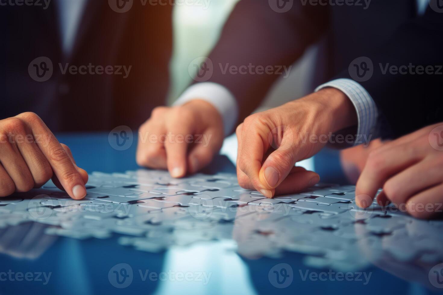Group people putting puzzles together. Hands teamwork thinking partnership business meeting jigsaw strategy cooperation brainstorm company unity success piece join game part element photo